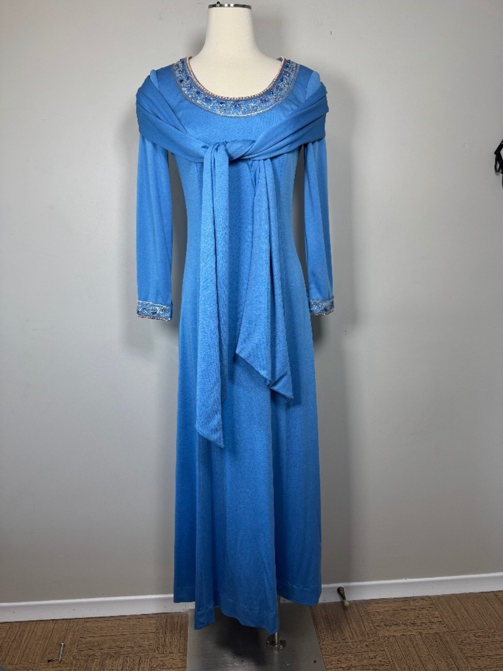 Vintage Roger Freres Paris Elegant Blue Maxi Dress with Beaded Neckline